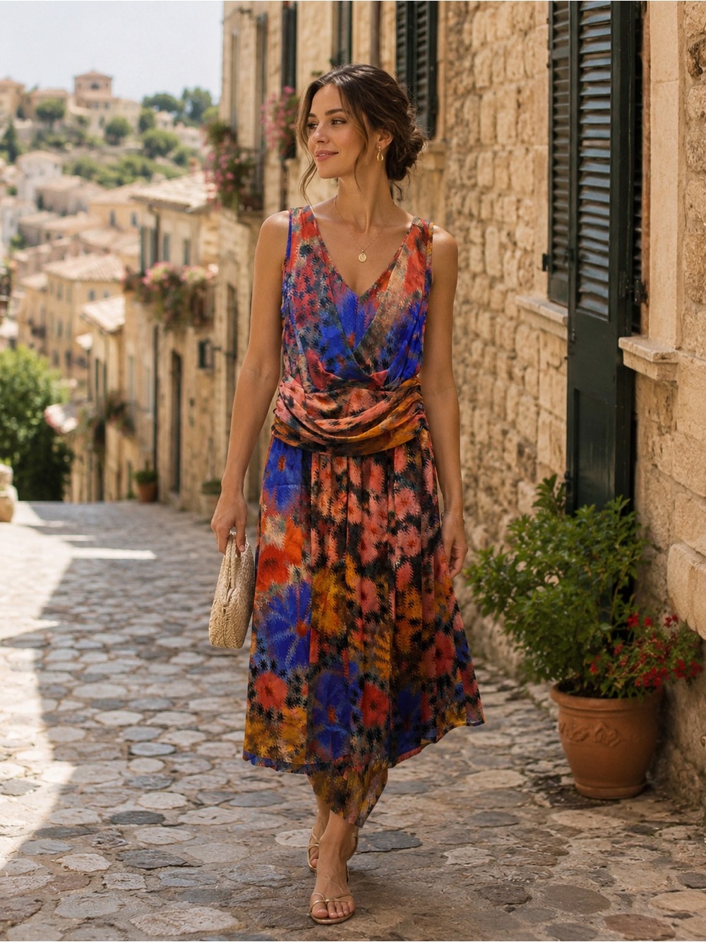 Authentic Fendi Multicolor Abstract Print  Midi Dress | V-Neck Draped Waist 40